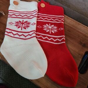 Christmas Stockings Knit Traditional Nordic Pattern Red And White Set Of Two NEW
